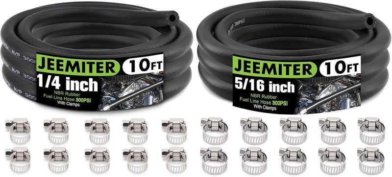 Jeemiter 1/4" & 5/16" ID Fuel Line Hose Combo Pack - 10FT Each (20FT Total) with 20 Clamps - SAE 30R7 Small Engine Repair Kit for Lawn Mowers, Generators, ATVs, Motorcycles - Image 1